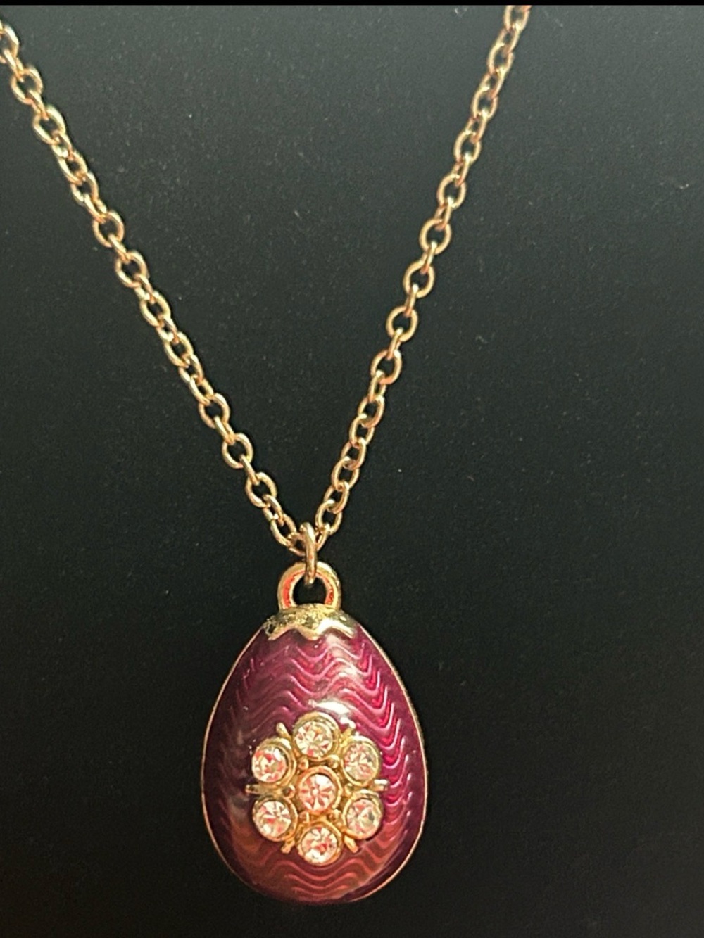 Vintage Faberge Egg Charm Pendant Purple Enamel with Crystal Flower Accent